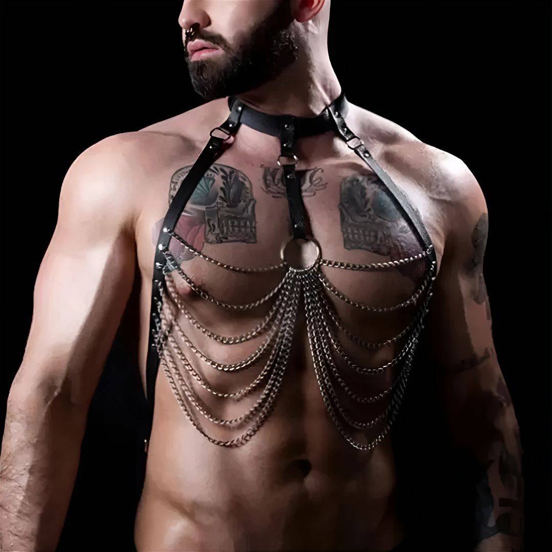 Ornate Black Leather & Chain Chest Harness - CrownJewel.co