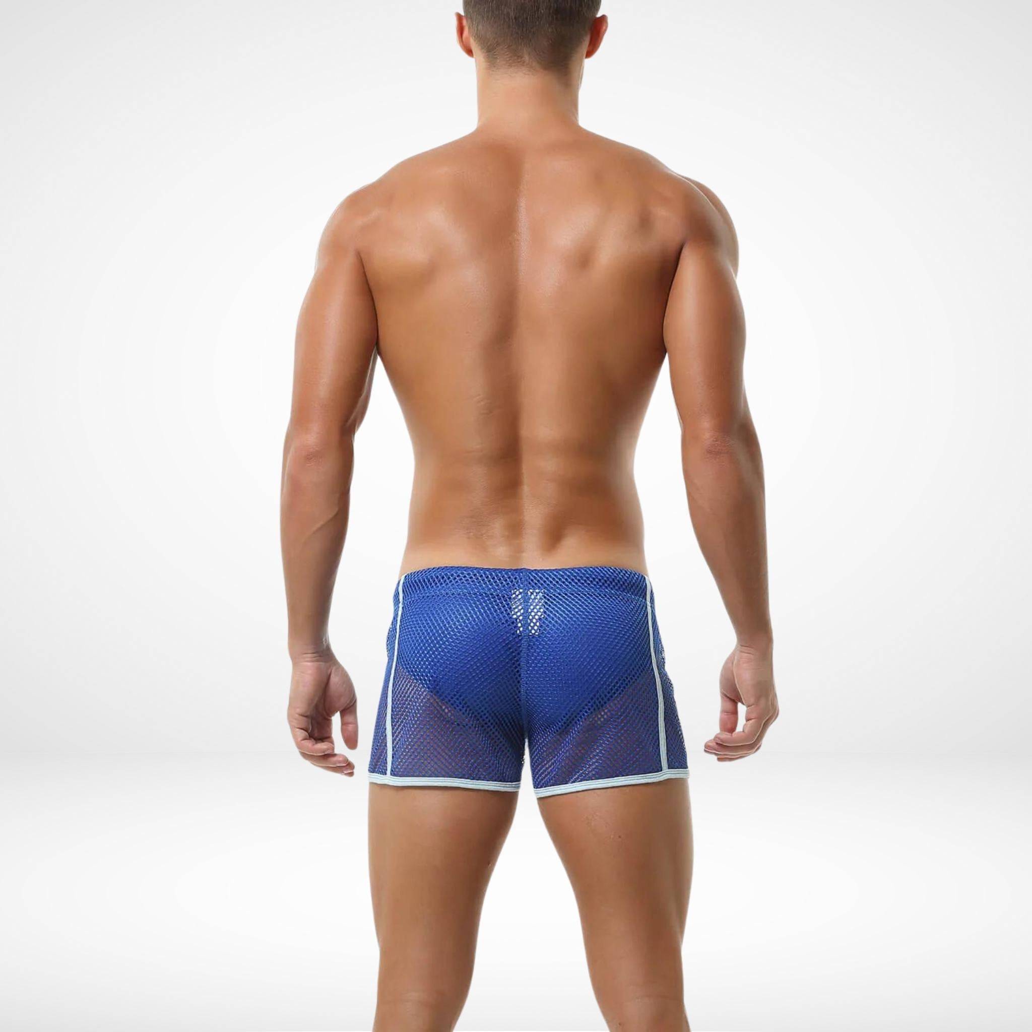 Back view of blue men's mesh pool and beach shorts with lightweight, airy material and comfortable fit for beachwear.