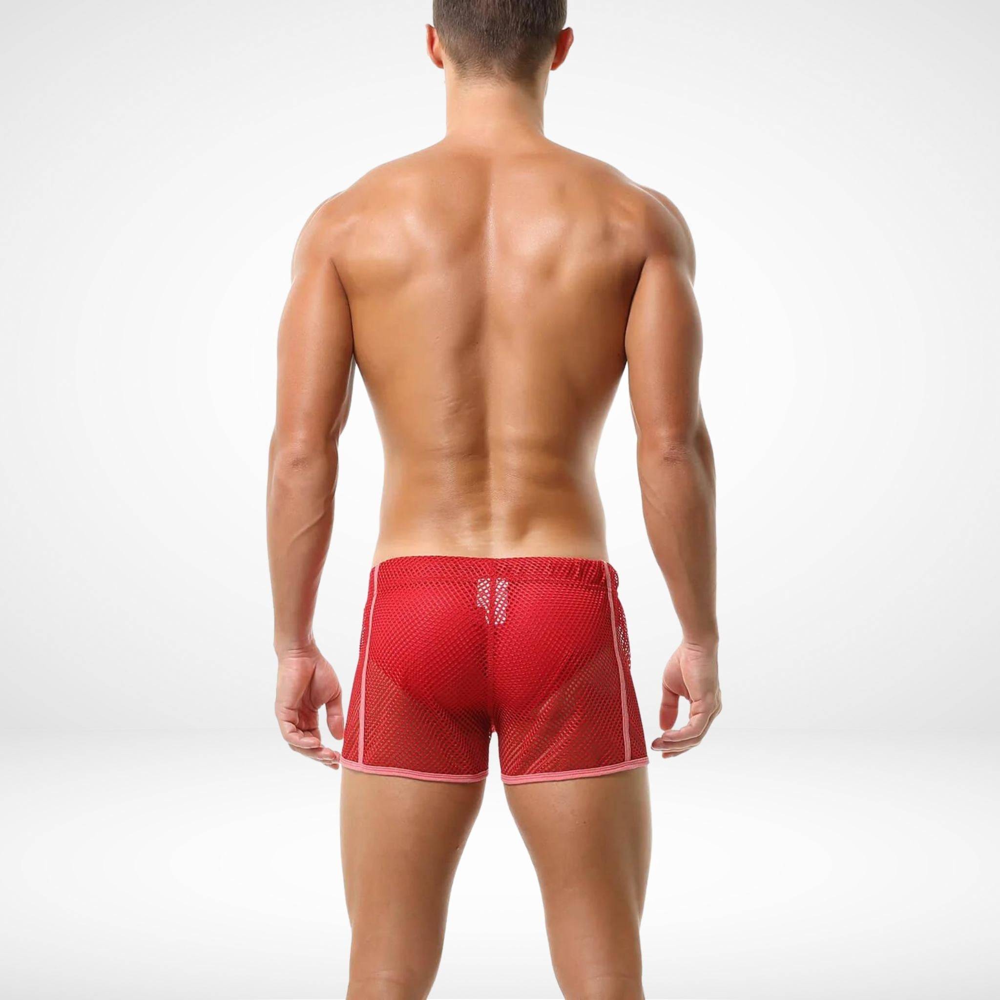 Back view of red men's mesh pool and beach shorts with airy mesh material and comfortable fit, ideal for pool and beach outings.