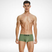 Front view of SeoBean soft breathable cotton men's boxer briefs in olive green, offering a snug fit and soft stretch fabric.