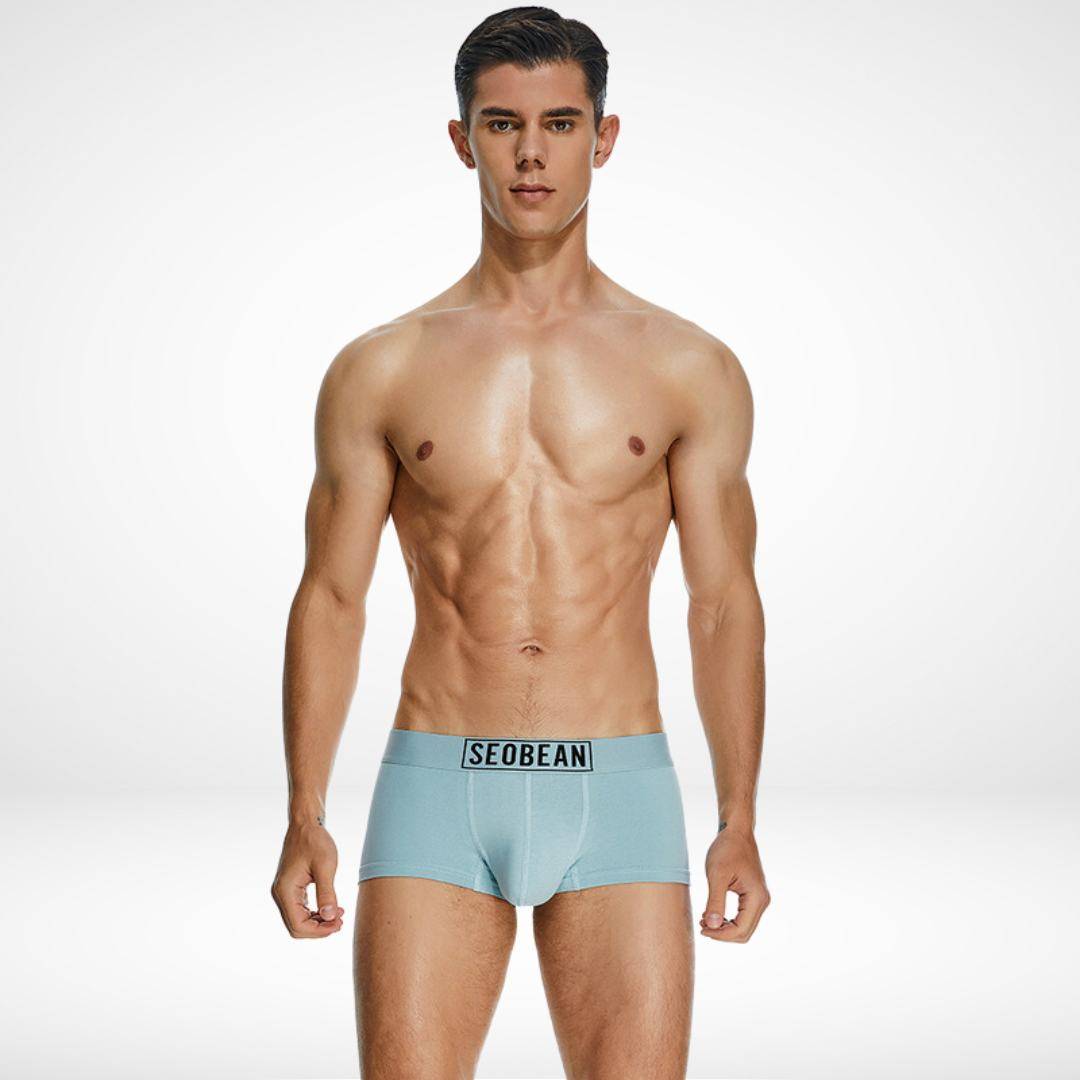 Front view of SeoBean soft breathable cotton men's boxer briefs in light blue, featuring a soft waistband and snug fit.