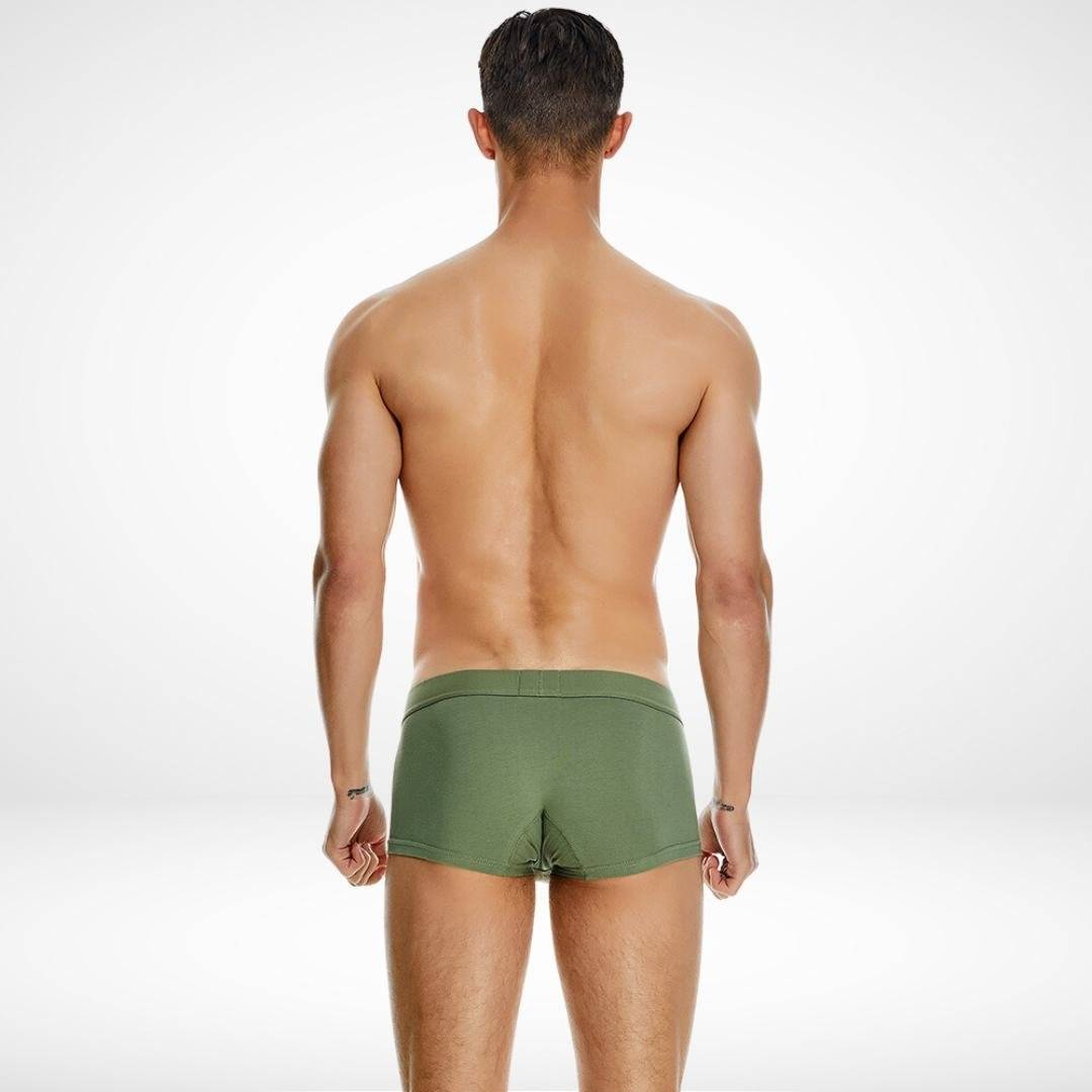 Back view of SeoBean soft breathable cotton men's boxer briefs in olive green, designed for comfort and durability.