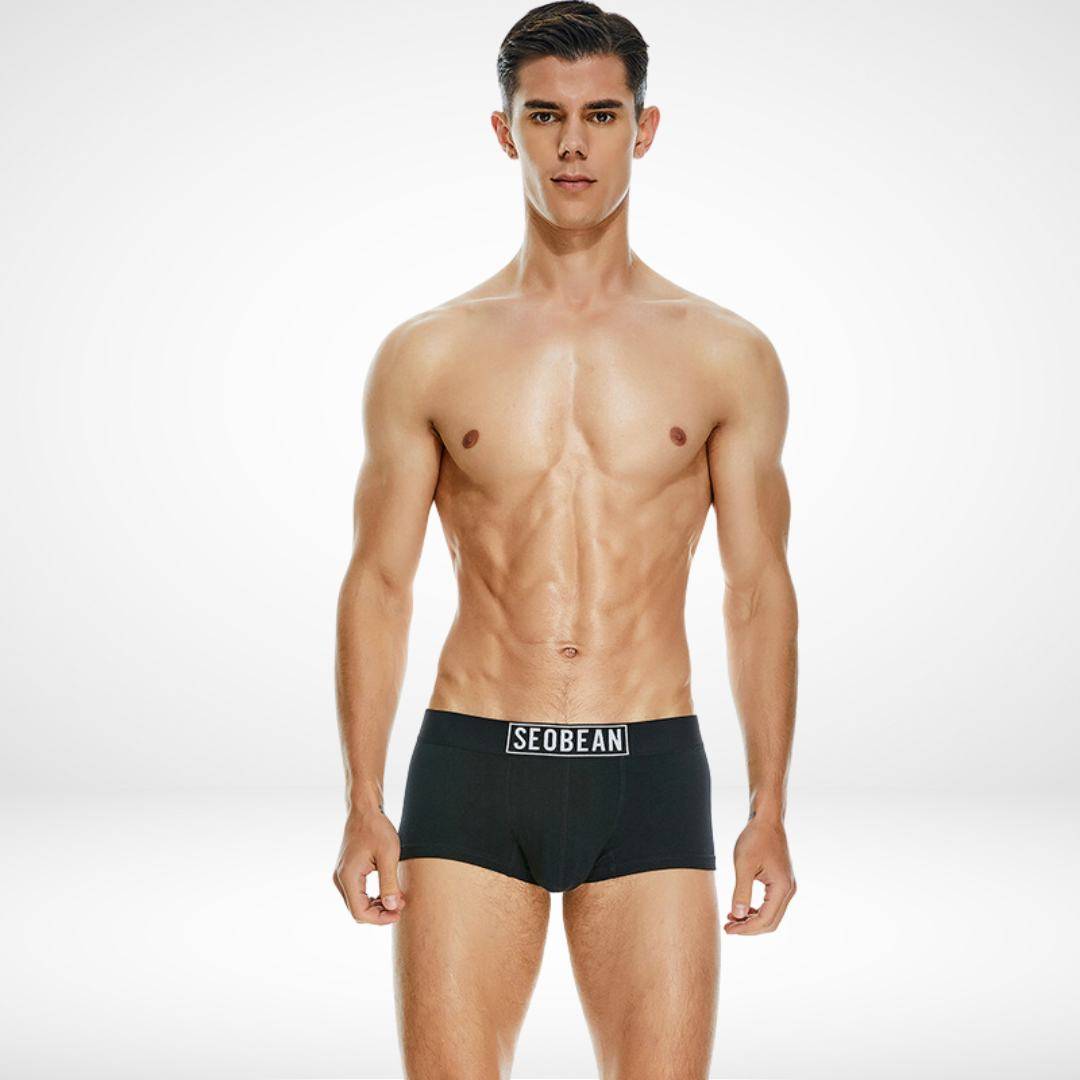 Front view of SeoBean soft breathable cotton men's boxer briefs in classic black, featuring a soft waistband and snug fit.