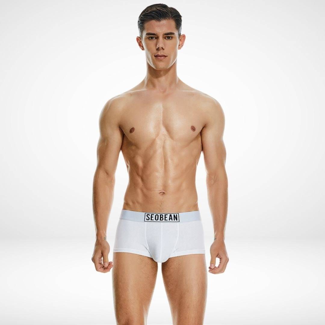 Front view of SeoBean soft breathable cotton men's boxer briefs in white, featuring a snug fit and soft stretch waistband.