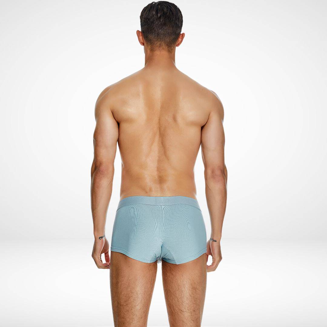 Back view of SeoBean soft breathable cotton men's boxer briefs in light blue, designed for all-day comfort and durability.