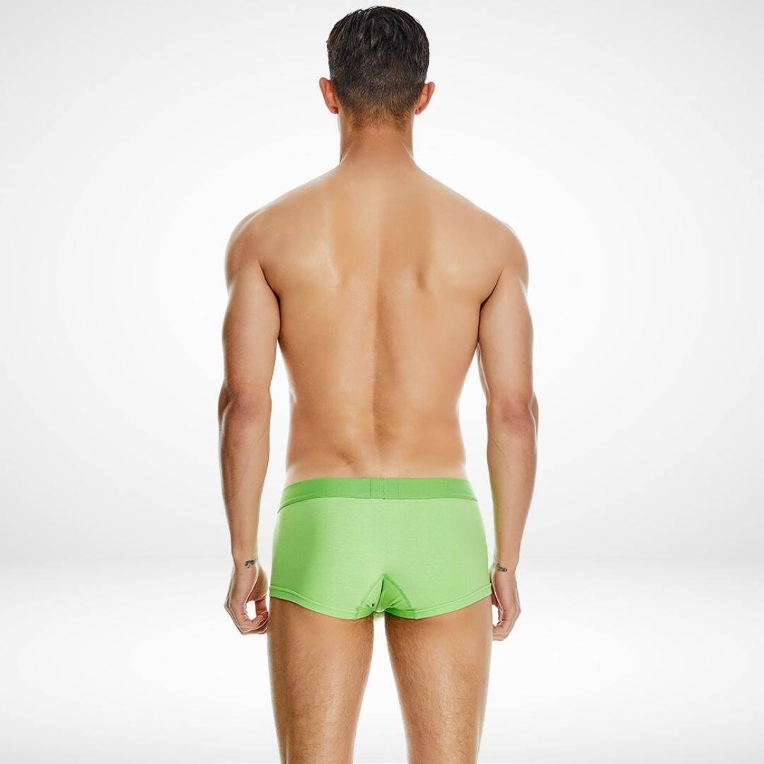 Back view of SeoBean soft breathable cotton men's boxer briefs in bright green, showcasing a smooth and durable design.