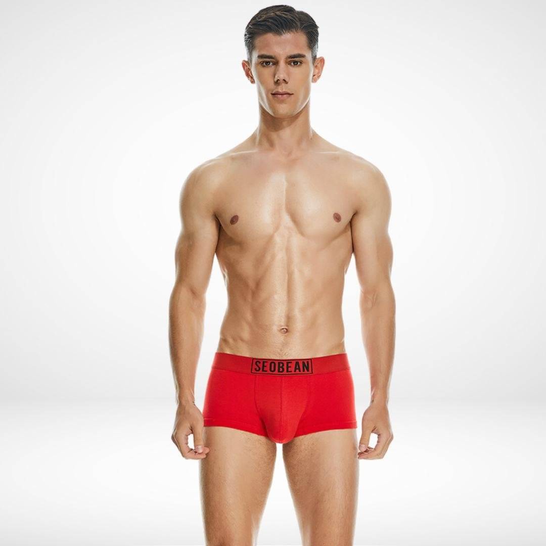 Front view of SeoBean soft breathable cotton men's boxer briefs in vibrant red, featuring a snug fit and comfortable waistband.