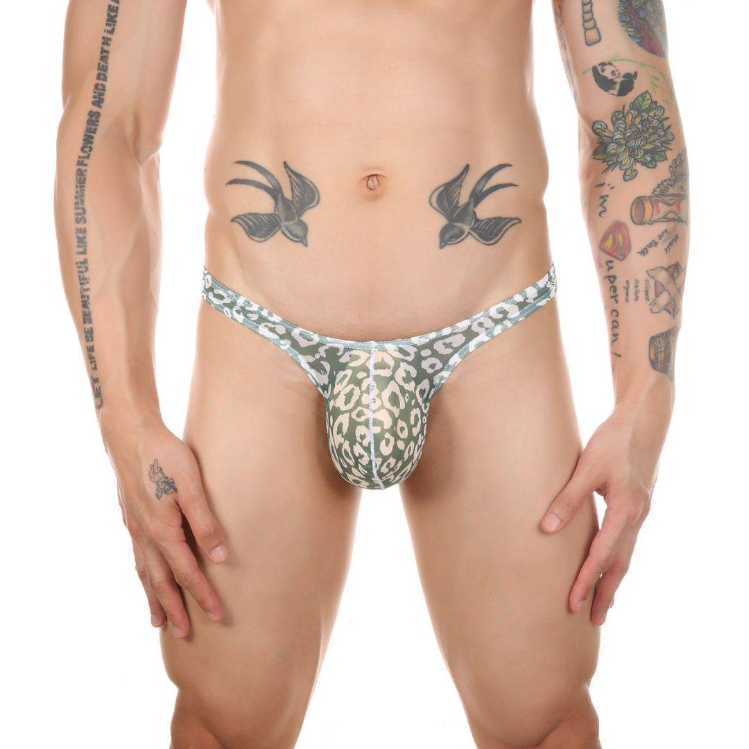 Leopard Print Men’s Thong Underwear - Green & White