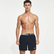 Front view of navy blue men's lined gym training shorts with a Tauwell branded waistband, designed for moisture-wicking and flexibility.