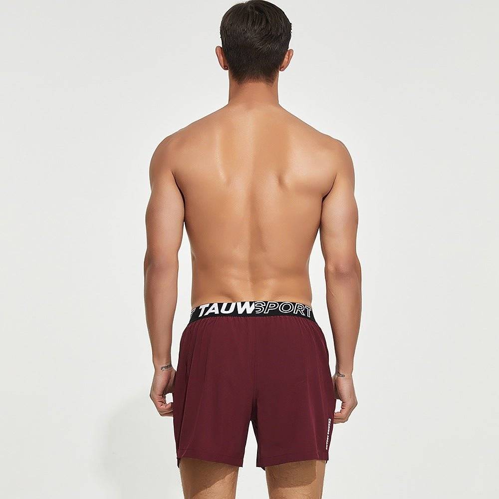 Back view of maroon men's lined gym training shorts with a Tauwell branded waistband, showcasing a comfortable and supportive fit.