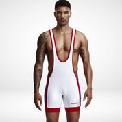 Front view of Tauwell Men's Wrestling Singlet in white with red and blue accents, featuring a deep scoop neckline and athletic fit.