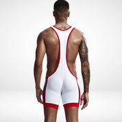 Back view of Tauwell Men's Wrestling Singlet in white with red and blue accents, showcasing a racerback design and form-fitting cut.