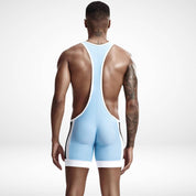 Back view of Tauwell Men's Wrestling Singlet in light blue with white and black accents, showcasing a racerback style and form-fitting design.