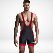 Front view of Tauwell Men's Wrestling Singlet in black with red accents, designed with a deep scoop neckline and snug athletic fit.