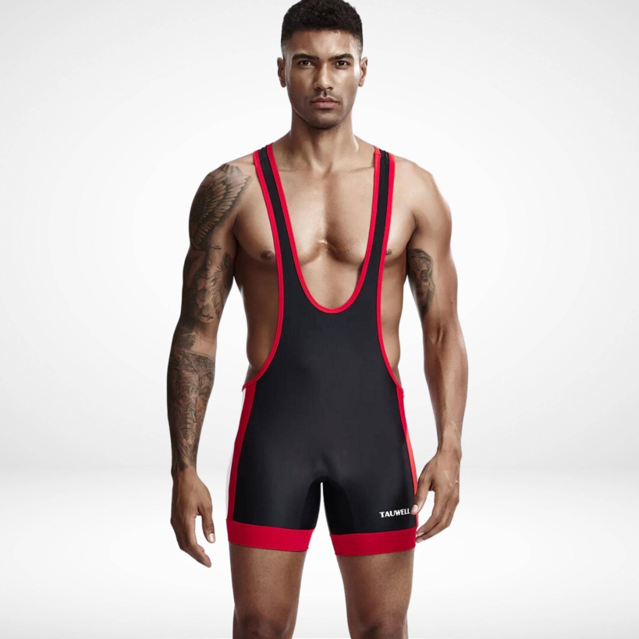 Front view of Tauwell Men's Wrestling Singlet in black with red accents, designed with a deep scoop neckline and snug athletic fit.