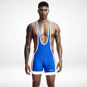 Front view of Tauwell Men's Wrestling Singlet in royal blue with red and white accents, offering a deep scoop neckline and performance fit.