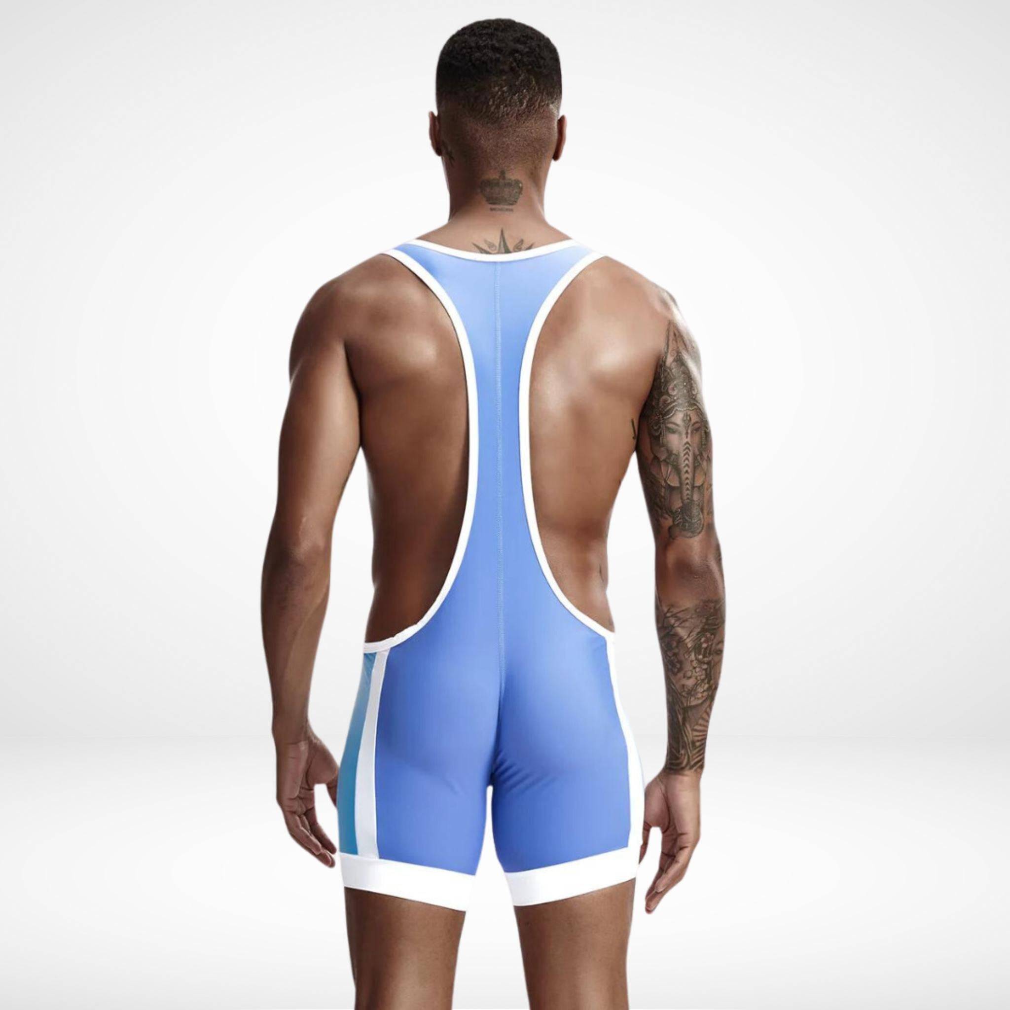 Back view of Tauwell Men's Wrestling Singlet in blue with white accents, featuring a racerback design and snug performance fit.