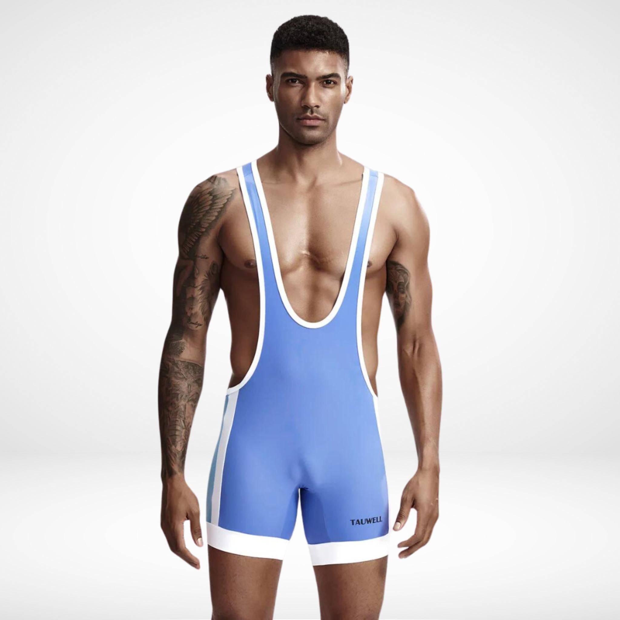 Front view of Tauwell Men's Wrestling Singlet in blue with white accents, designed with a deep scoop neckline and stretchable athletic fit.