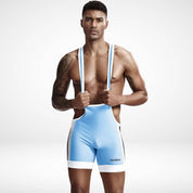 Front view of Tauwell Men's Wrestling Singlet in light blue with white and black accents, featuring a deep scoop neckline and flexible fit.