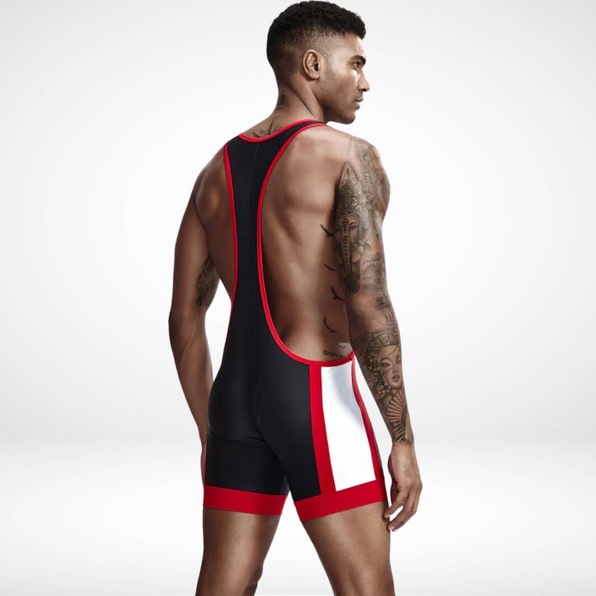 Back view of Tauwell Men's Wrestling Singlet in black with red and white accents, featuring a racerback style and stretch fabric.