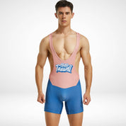 Men's Tauwell Wrestling Singlet Bodysuit in pink and blue, featuring a deep neckline and bold logo for athletic performance.