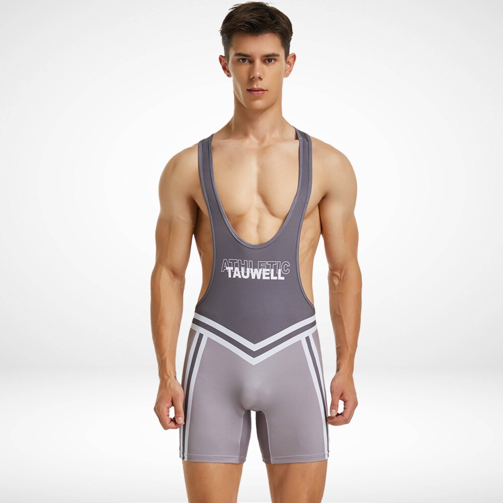 Men's Tauwell Wrestling Singlet Bodysuit in gray with white accents, featuring a deep neckline and athletic fit.