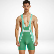 Men's Tauwell Wrestling Singlet Bodysuit in green with white accents, featuring a deep scoop neckline and form-fitting style.