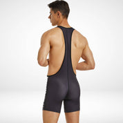 Back view of the Men's Tauwell Wrestling Singlet Bodysuit in black, highlighting the racerback cut and stretchable fabric.