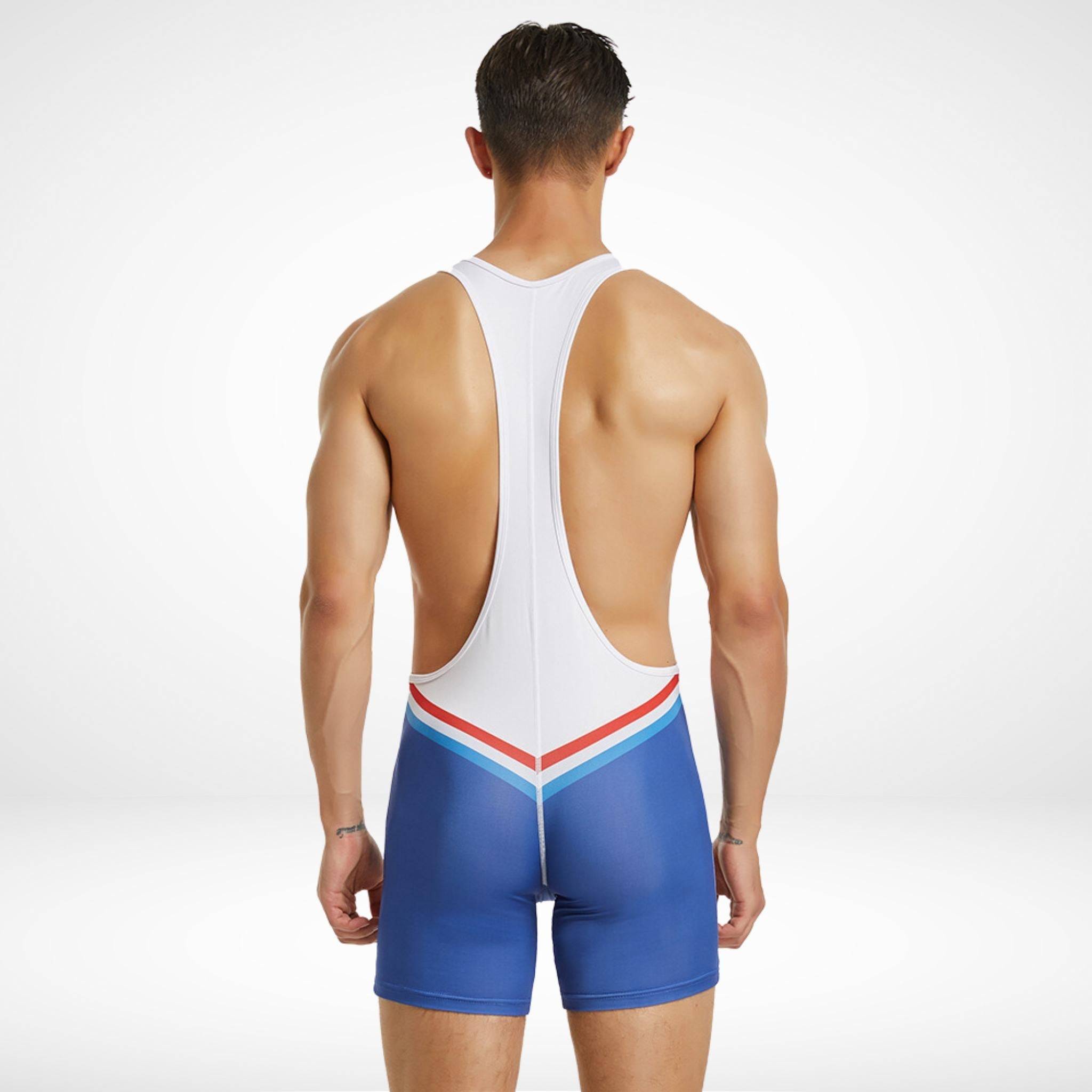 Back view of the Men's Tauwell Wrestling Singlet Bodysuit in white and blue with red accents, showcasing a racerback style.