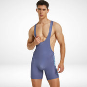 Men's Tauwell Wrestling Singlet Bodysuit in grayish blue with a deep scoop neckline and side logo detailing.