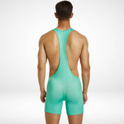 Back view of the Men's Tauwell Wrestling Singlet Bodysuit in green, showcasing the racerback design and stretchable material.