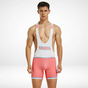 Men's Tauwell Wrestling Singlet Bodysuit in white and pink with blue accents, featuring a deep neckline and form-fitting design.