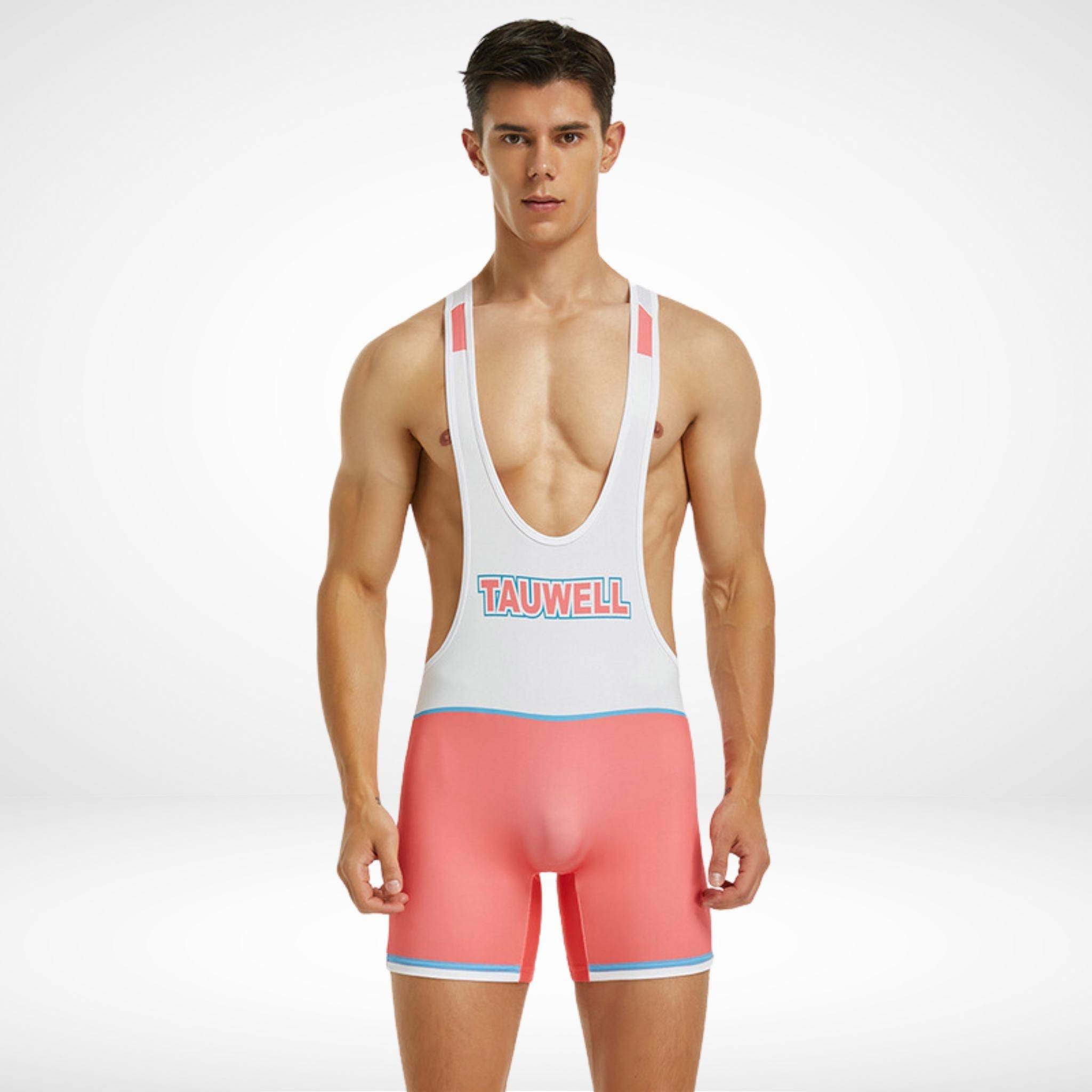 Men's Tauwell Wrestling Singlet Bodysuit in white and pink with blue accents, featuring a deep neckline and form-fitting design.