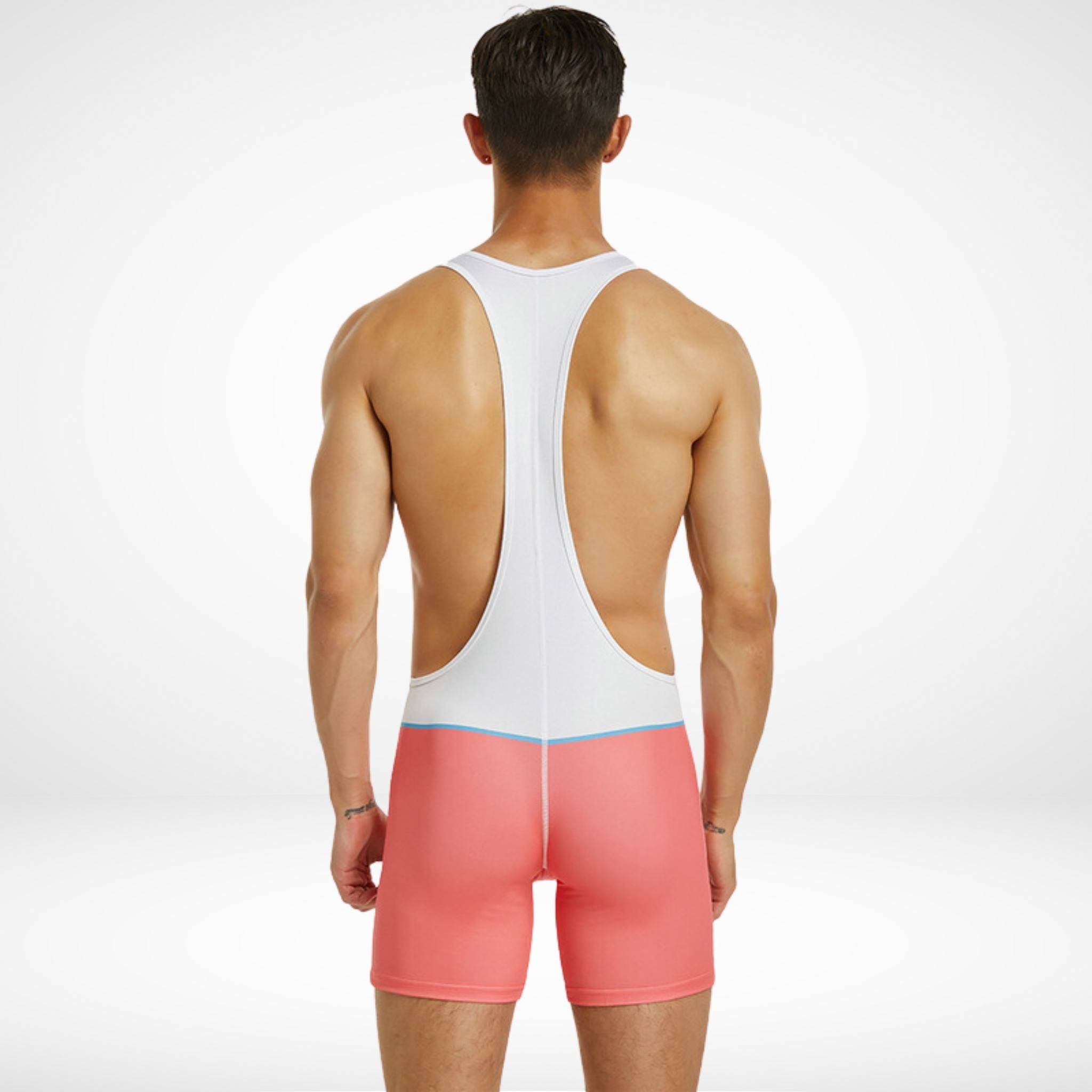 Back view of the Men's Tauwell Wrestling Singlet Bodysuit in white and pink with blue accents, showcasing the racerback style.