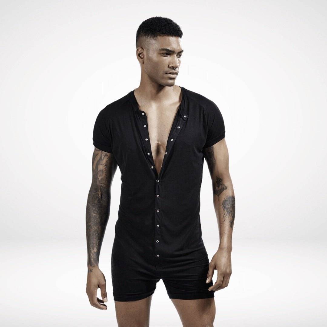 Men's black union suit onesie with short sleeves and snap-front design, ideal for loungewear or casual sleepwear.