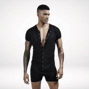 Men's black union suit onesie with short sleeves and snap-front design, ideal for loungewear or casual sleepwear.