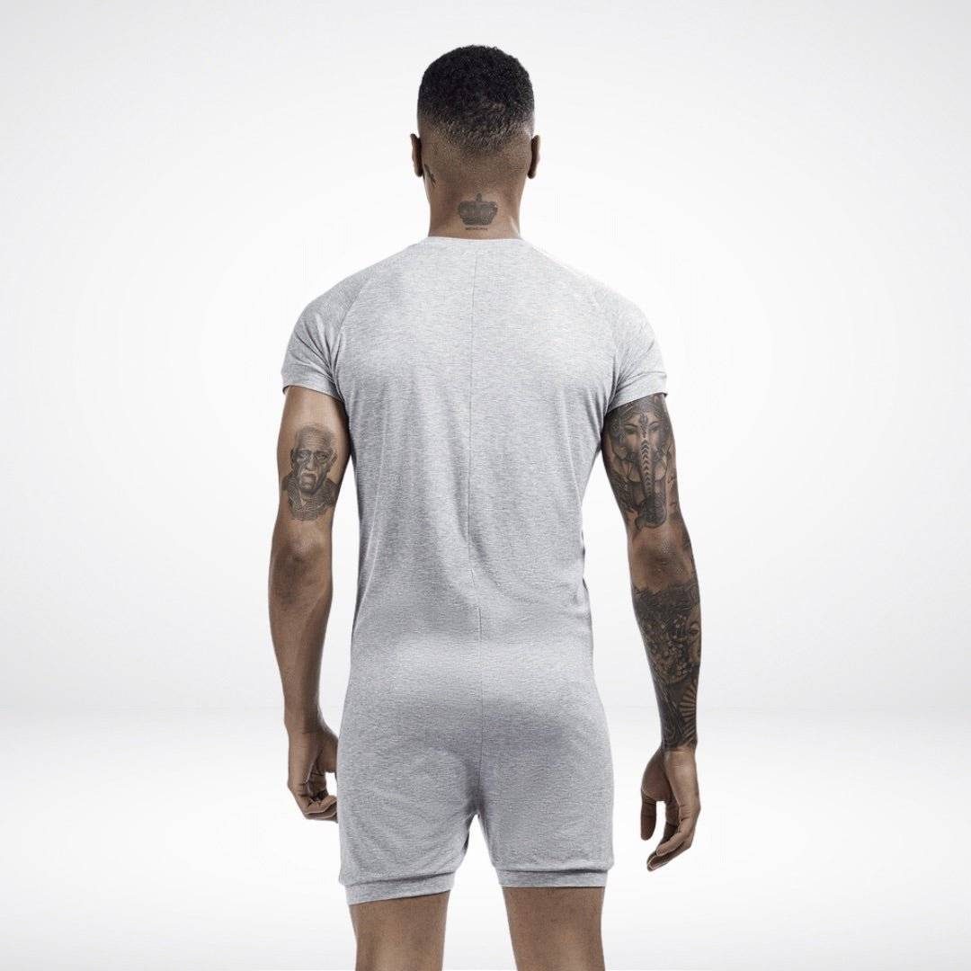 Back view of men's gray union suit onesie featuring a soft fabric and tailored fit for ultimate comfort.