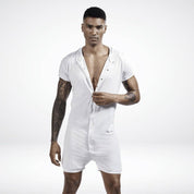 Men's white union suit onesie with short sleeves and open snap-front design, perfect for casual lounging.