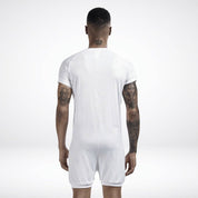 Back view of men's white union suit onesie showcasing a clean and minimalistic design for comfortable sleepwear.