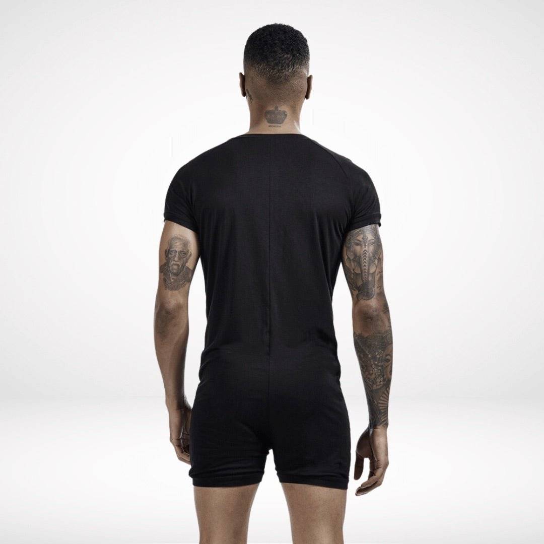 Back view of men's black union suit onesie showcasing a sleek and comfortable fit for stylish loungewear.