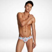 Men's Water Lily Swim Briefs in a light floral print, designed with quick-drying fabric and a stylish cut for summer swimwear.