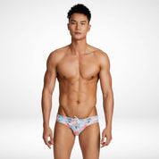 Men's Water Lily Swim Briefs in a light floral design, featuring a modern fit and adjustable drawstring, perfect for poolside or beachwear.