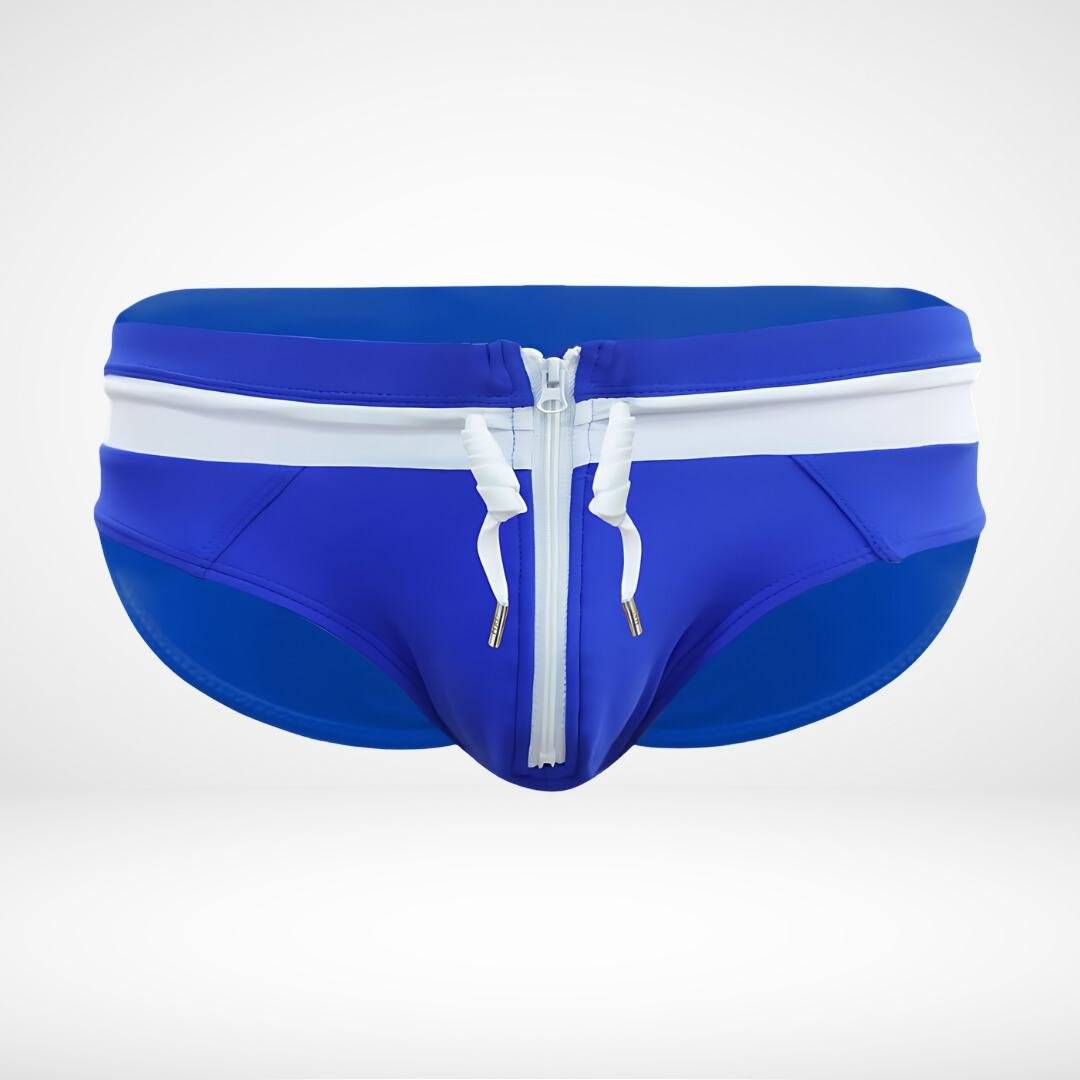 Close-up of blue and white zipper front swim briefs with a white zipper and drawstring, highlighting the sporty design.