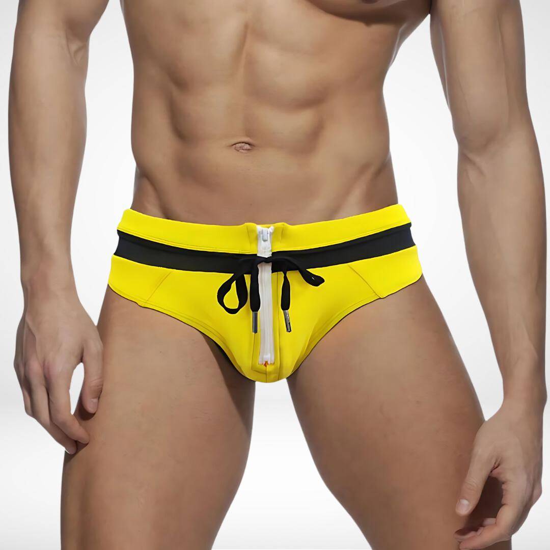 Yellow and black zipper front swim briefs with a drawstring tie, designed for a vibrant and sporty summer look.