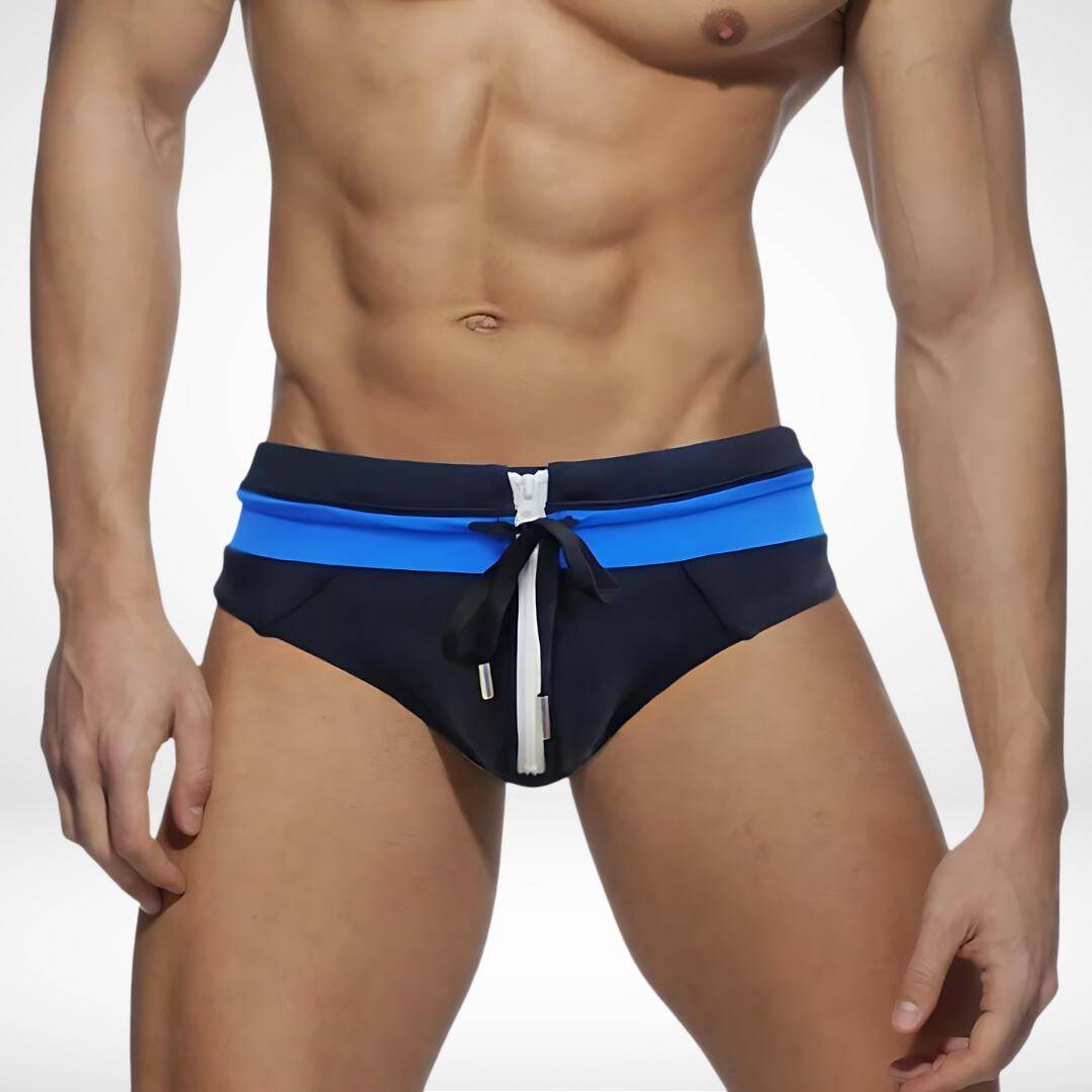 Black and blue zipper front swim briefs with a drawstring tie, offering a stylish and snug fit for summer activities.