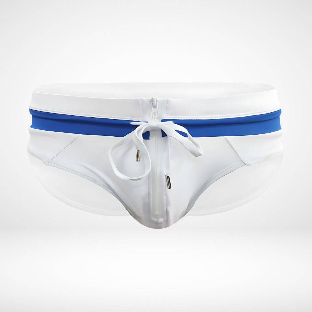 Close-up of white and blue zipper front swim briefs featuring a white zipper and drawstring for a sleek finish.